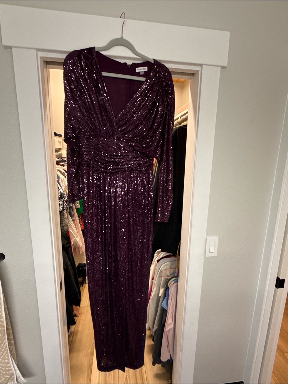 Calvin Klein Plum Sequin Long-Sleeve Gown